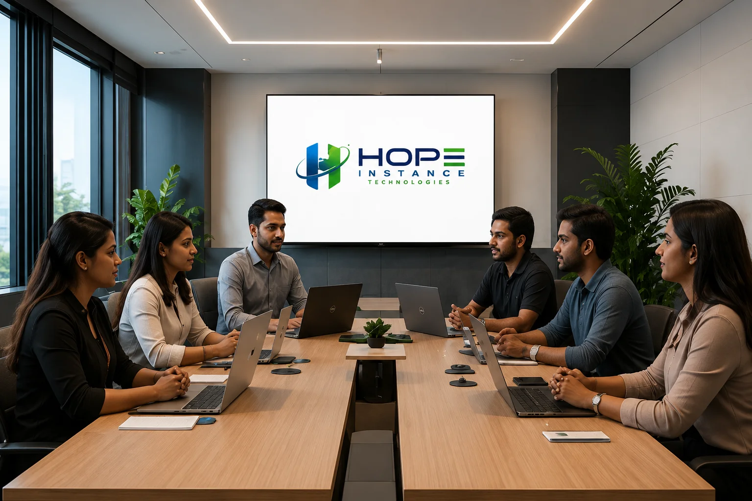 Hopeinstance Technologies team collaborating during a business strategy meeting